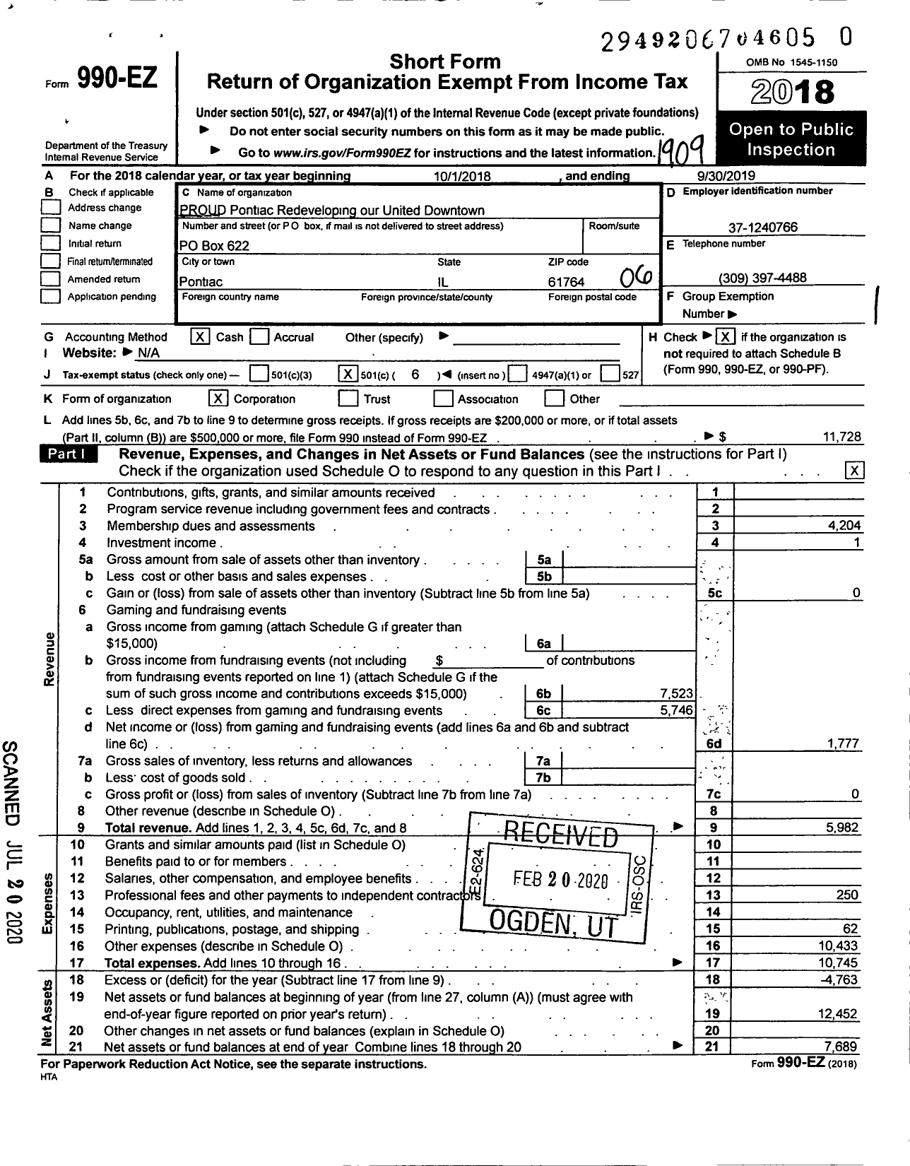 Image of first page of 2018 Form 990EO for PROUD Pontiac Redeveloping Our United Downtown