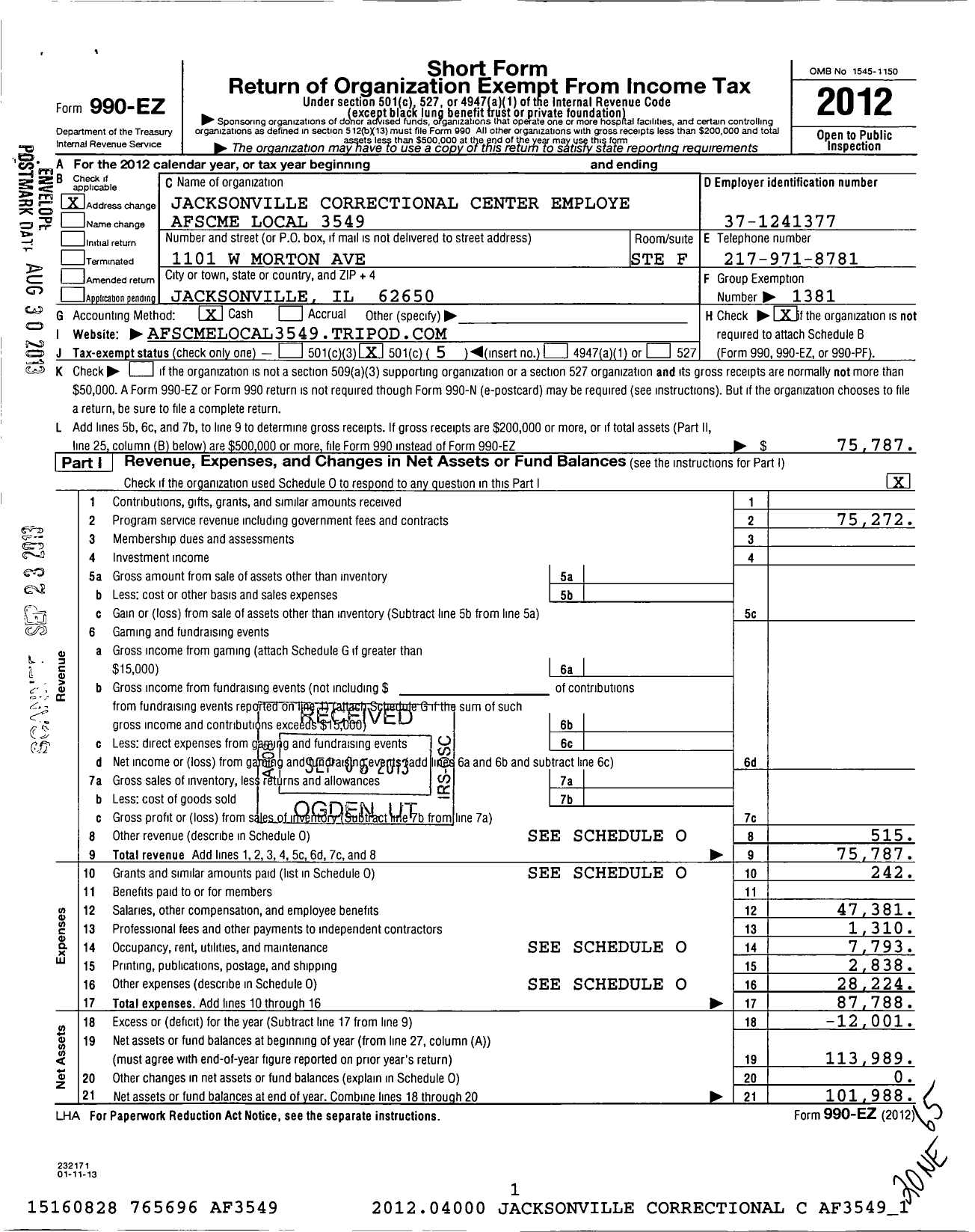 Image of first page of 2012 Form 990EO for American Federation of State County 3549 Il Local Jacksonville
