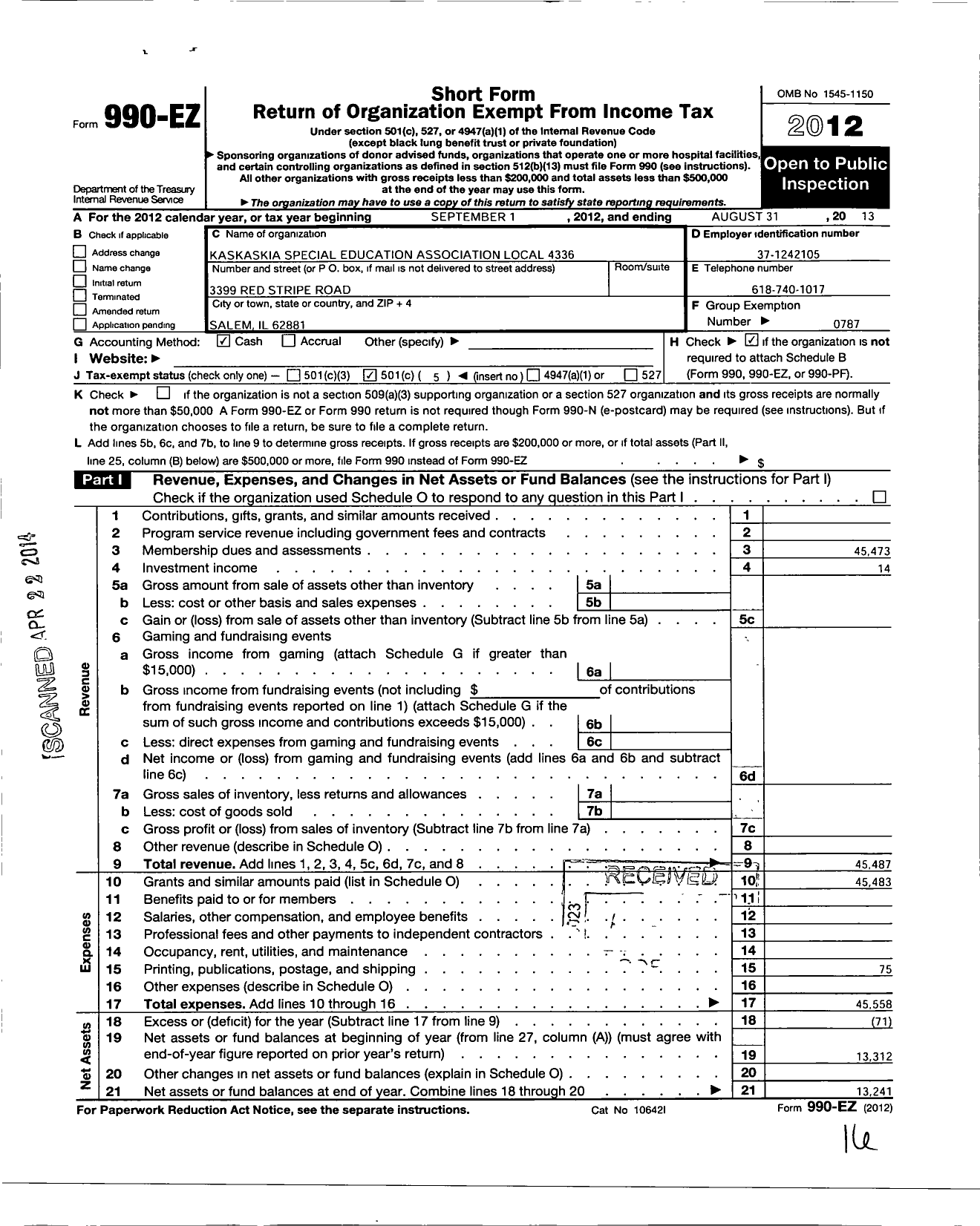 Image of first page of 2012 Form 990EO for American Federation of Teachers - 4336 Local