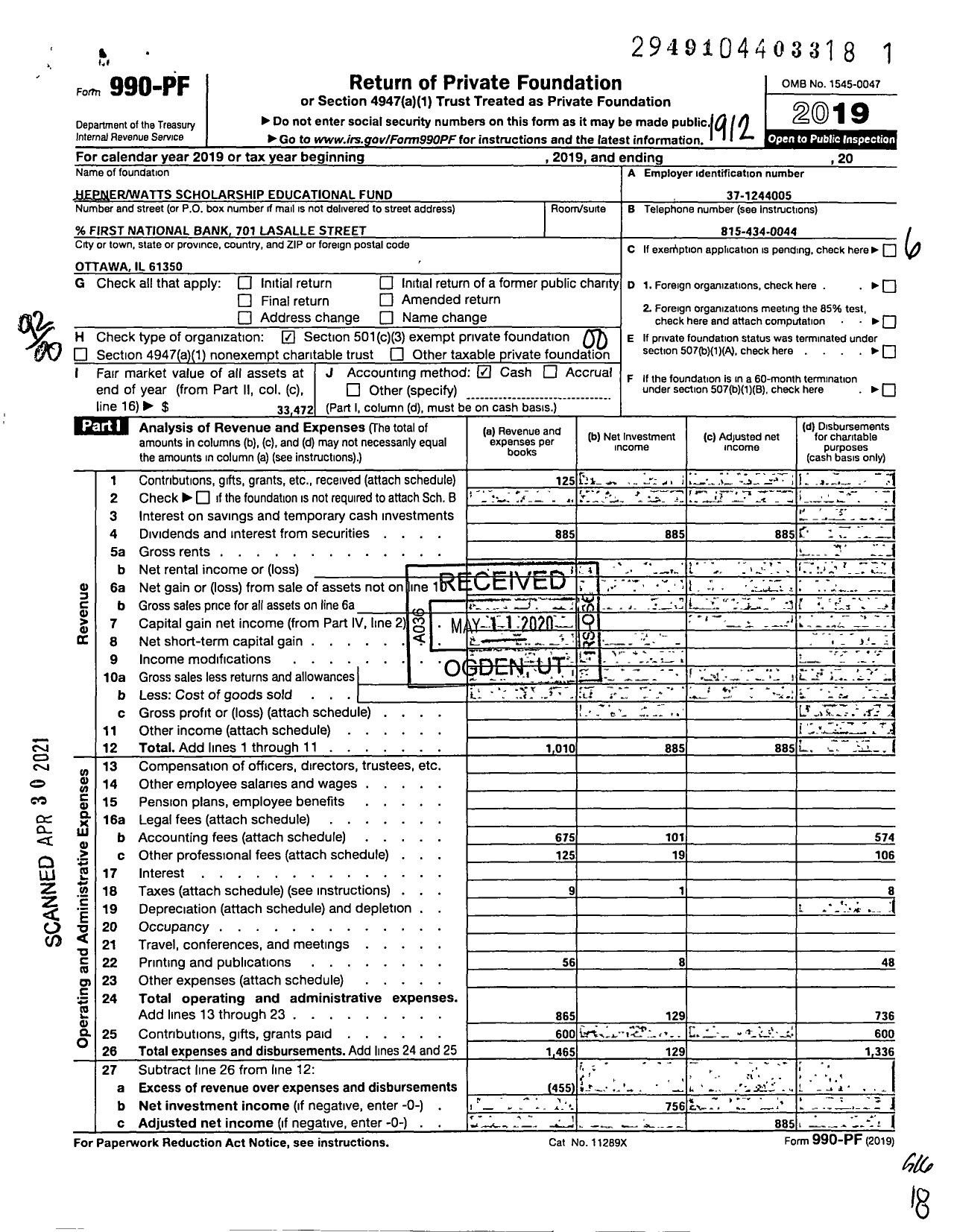 Image of first page of 2019 Form 990PF for Hepnerwatts Scholarship Educational Fund