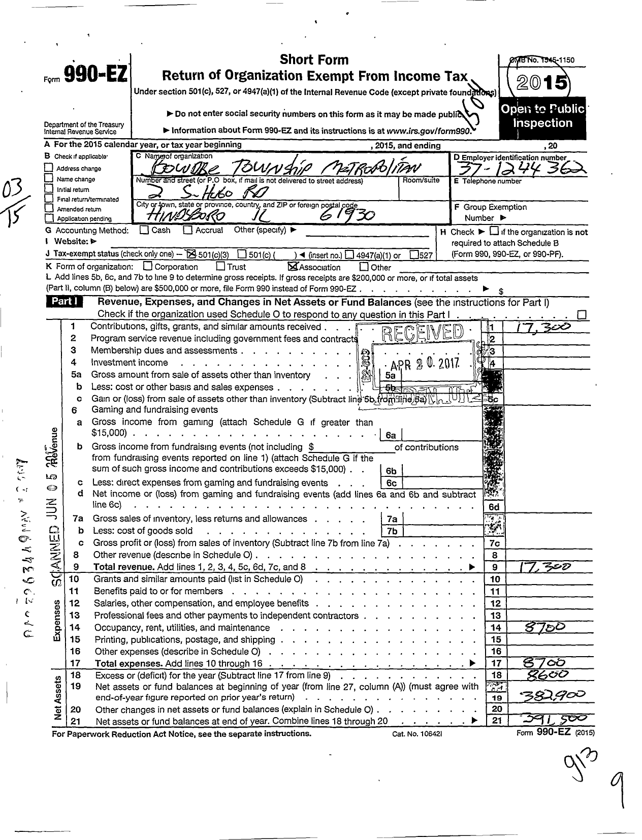Image of first page of 2014 Form 990EZ for Bowdre Township Metropolitan Exposition Auditorium and Office