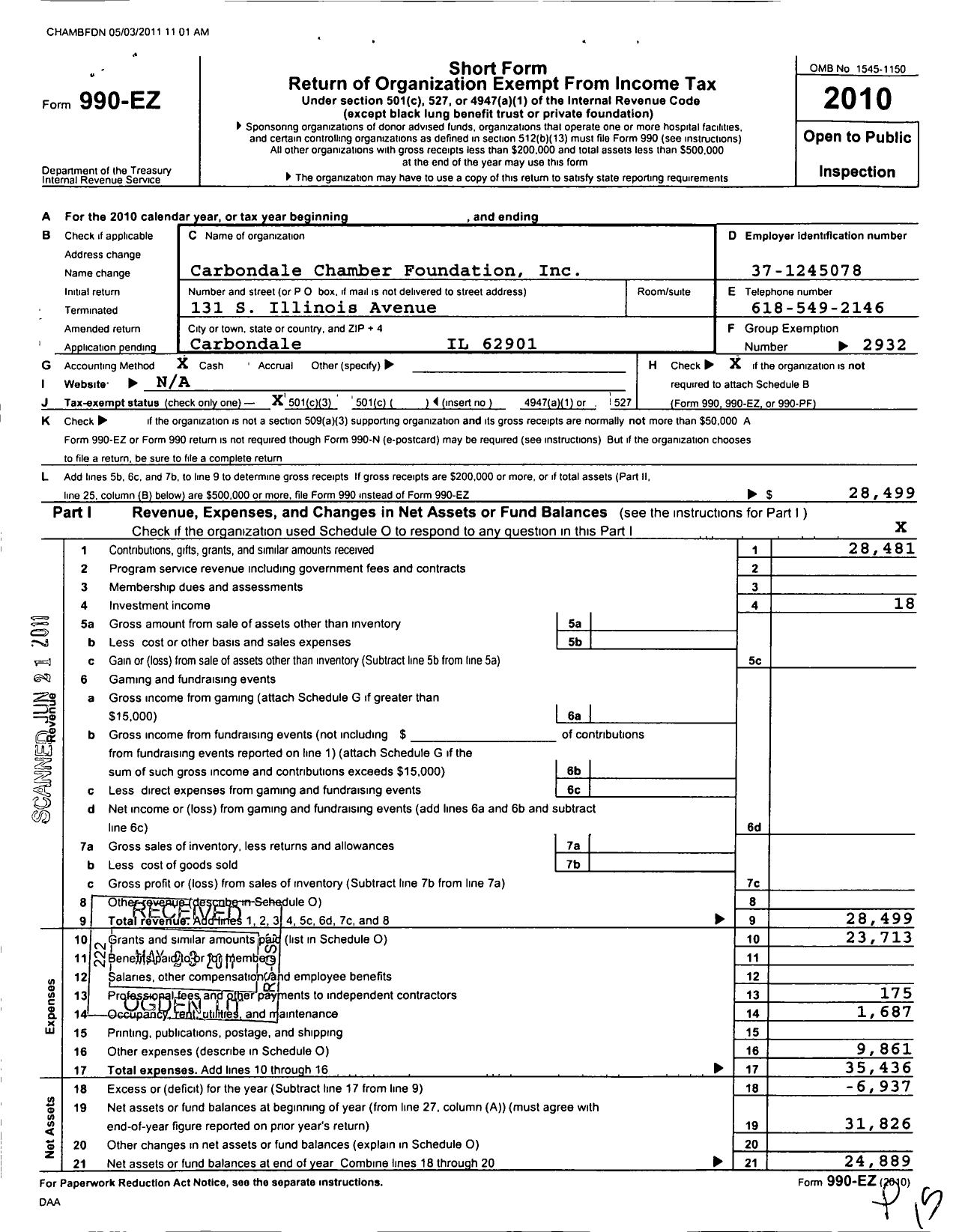 Image of first page of 2010 Form 990EZ for Carbondale Chamber Foundation