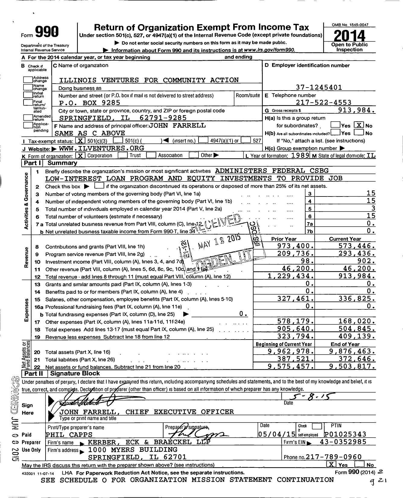 Image of first page of 2014 Form 990 for Illinois Ventures for Community Action