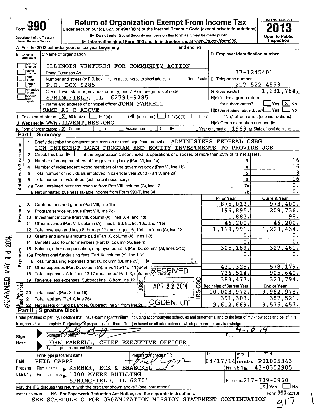 Image of first page of 2013 Form 990 for Illinois Ventures for Community Action