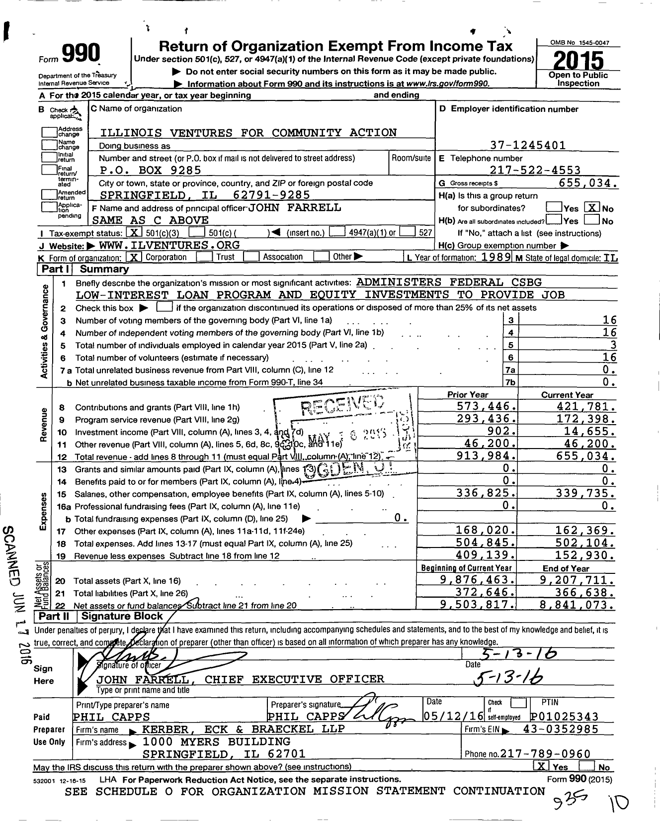Image of first page of 2015 Form 990 for Illinois Ventures for Community Action