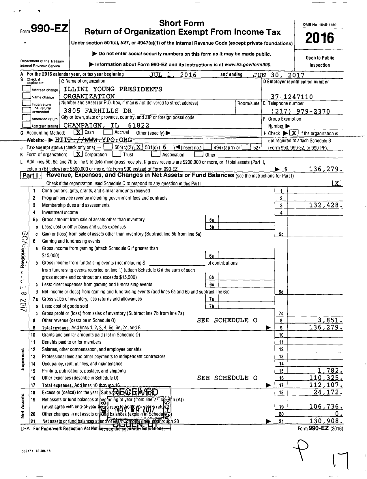 Image of first page of 2016 Form 990EO for Illini Young Presidents Organization