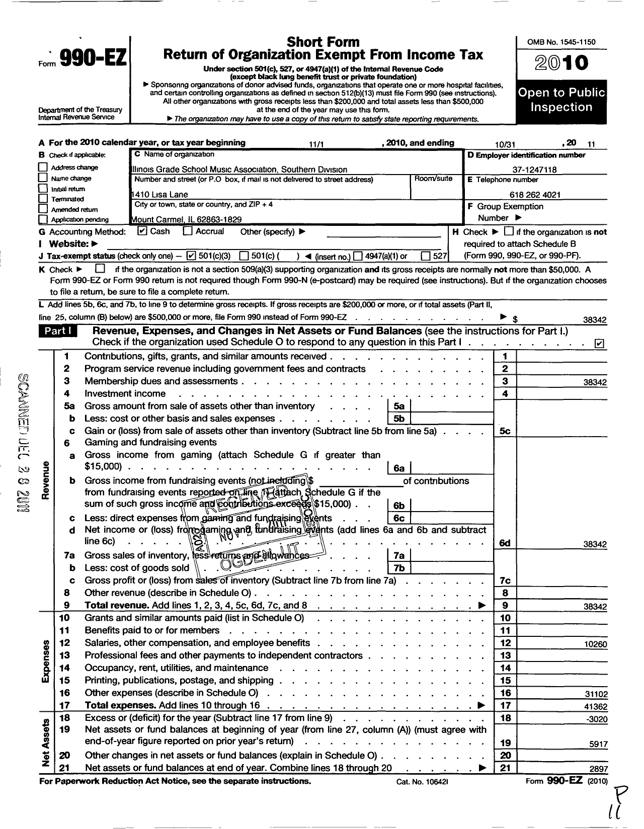 Image of first page of 2010 Form 990EZ for Illinois Grade School Music Association Southern Division