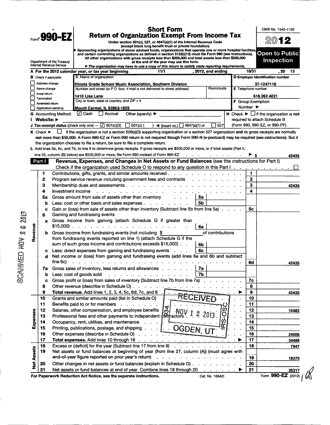 Image of first page of 2012 Form 990EZ for Illinois Grade School Music Association Southern Division