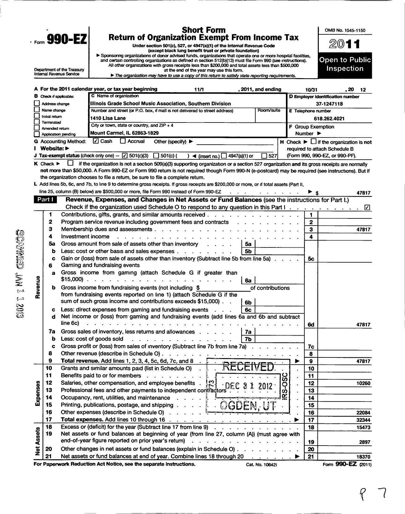 Image of first page of 2011 Form 990EZ for Illinois Grade School Music Association Southern Division