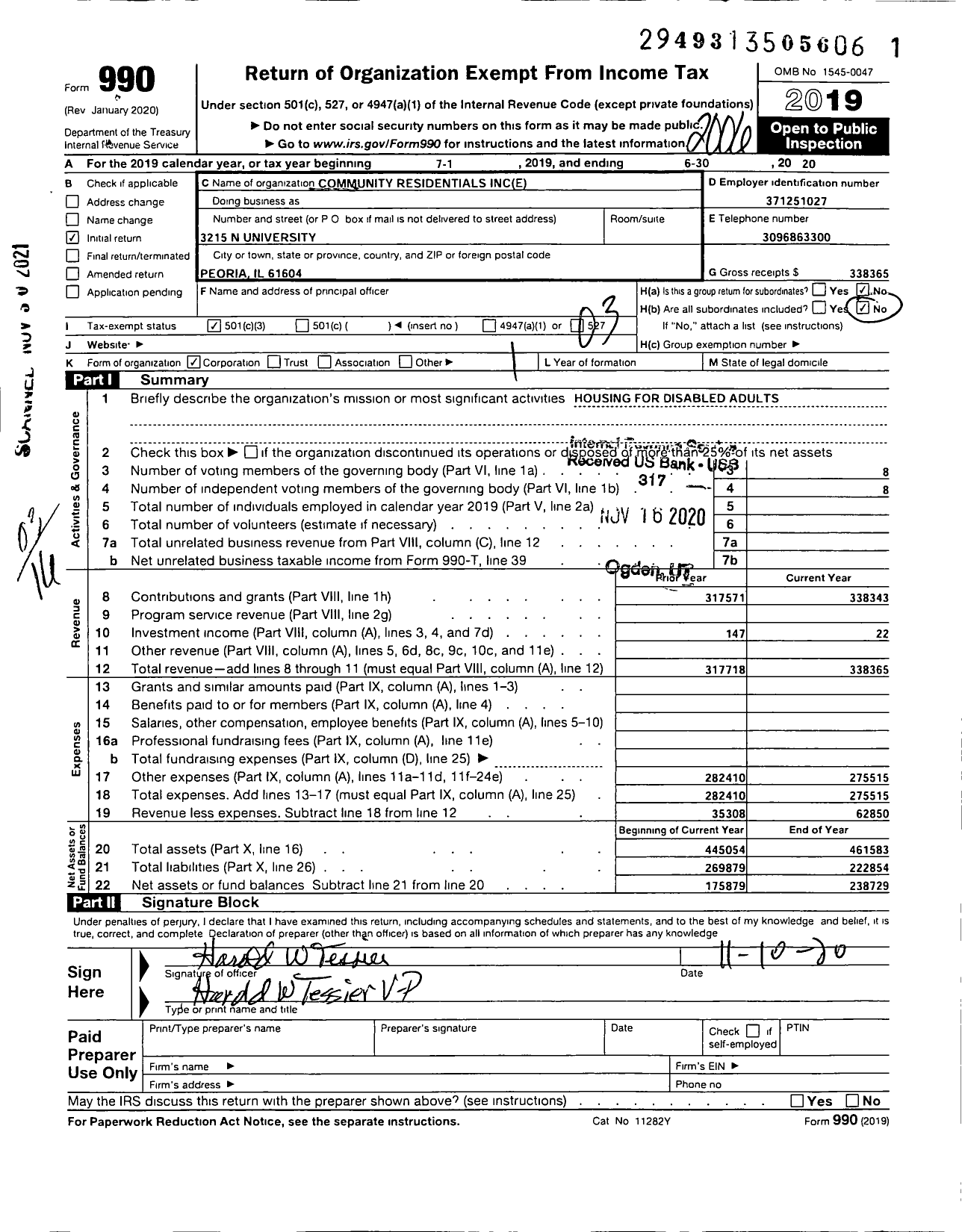 Image of first page of 2019 Form 990 for Community Workshop Residentials E An Il NFP Corporation