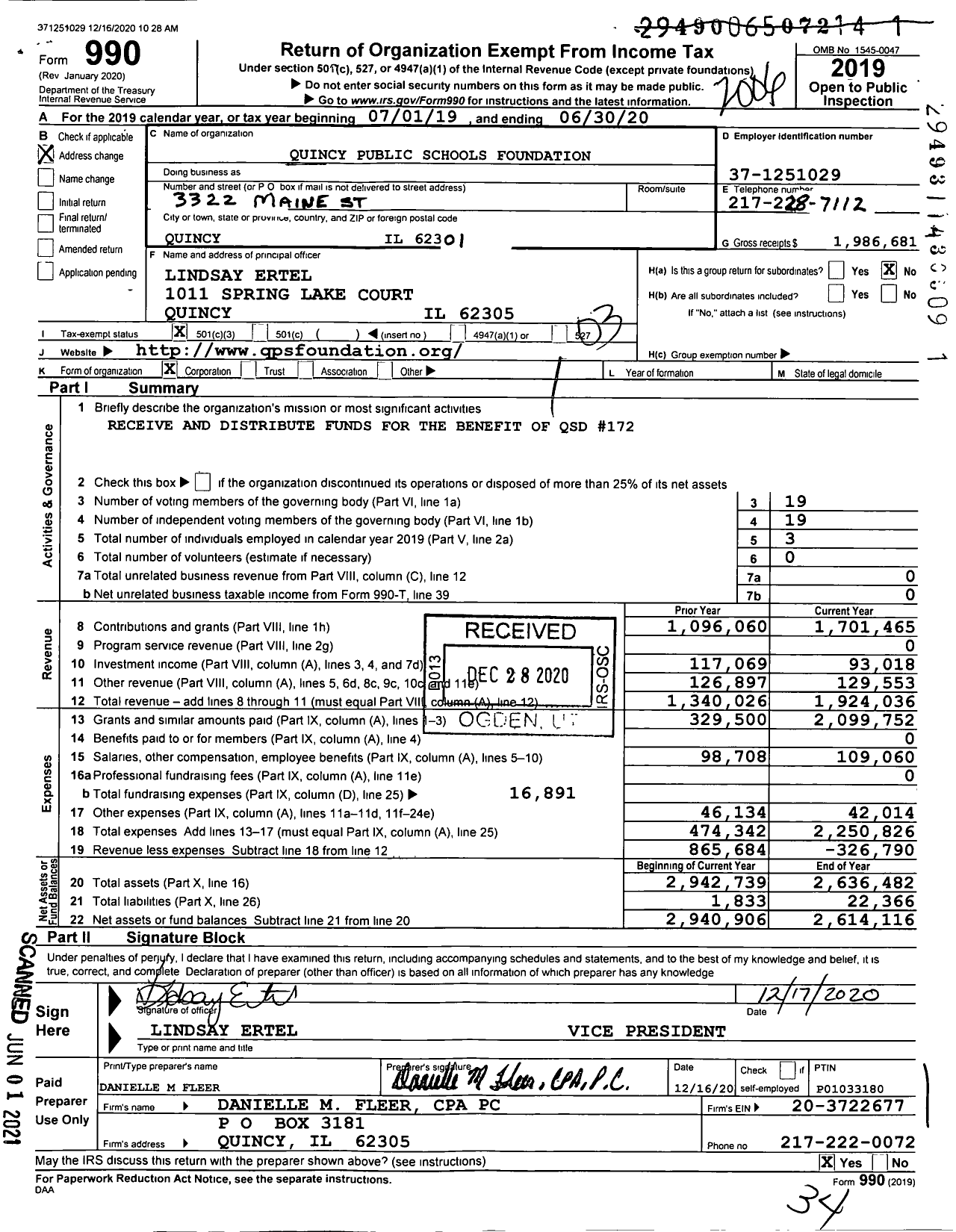 Image of first page of 2019 Form 990 for Quincy Public Schools Foundation