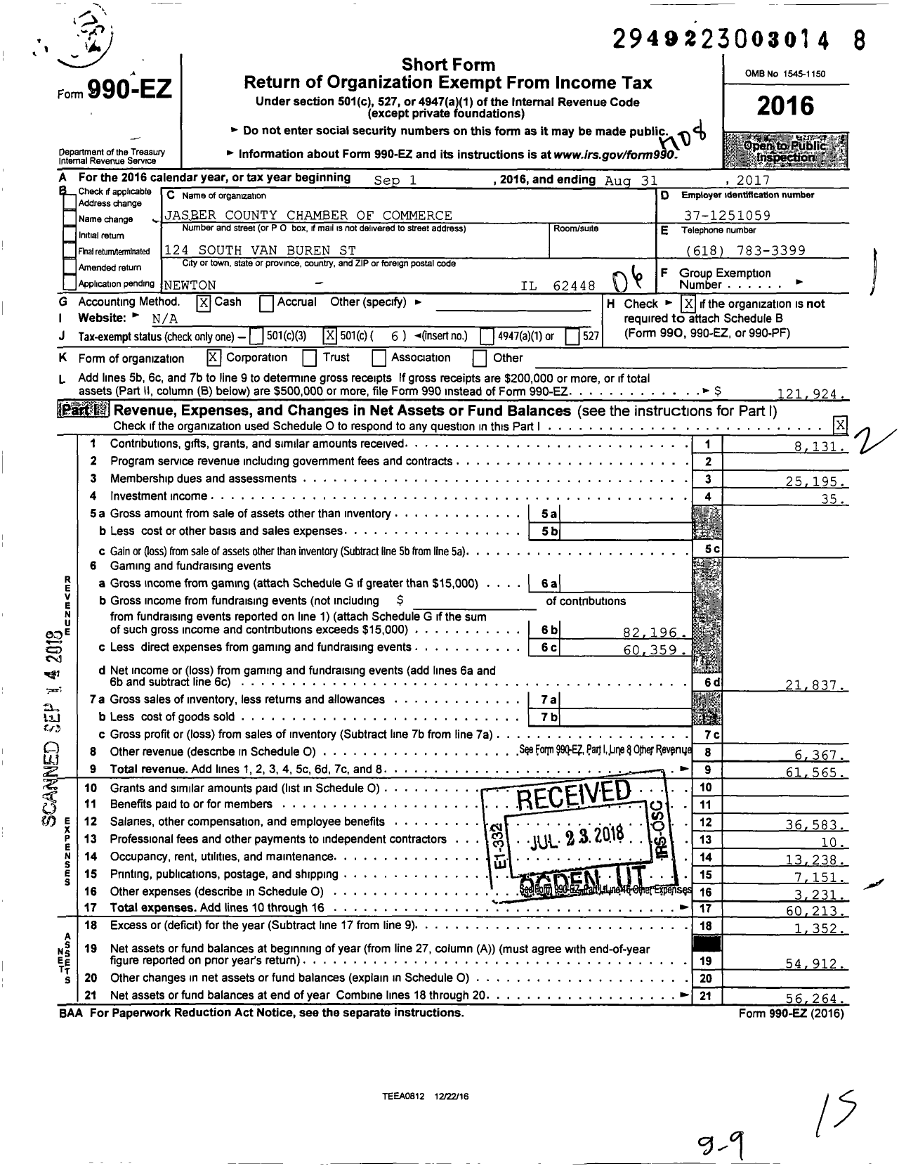 Image of first page of 2016 Form 990EO for Jasper County Chamber of Commerce