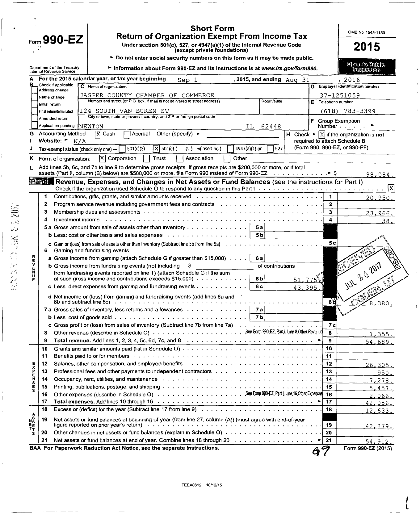 Image of first page of 2015 Form 990EO for Jasper County Chamber of Commerce