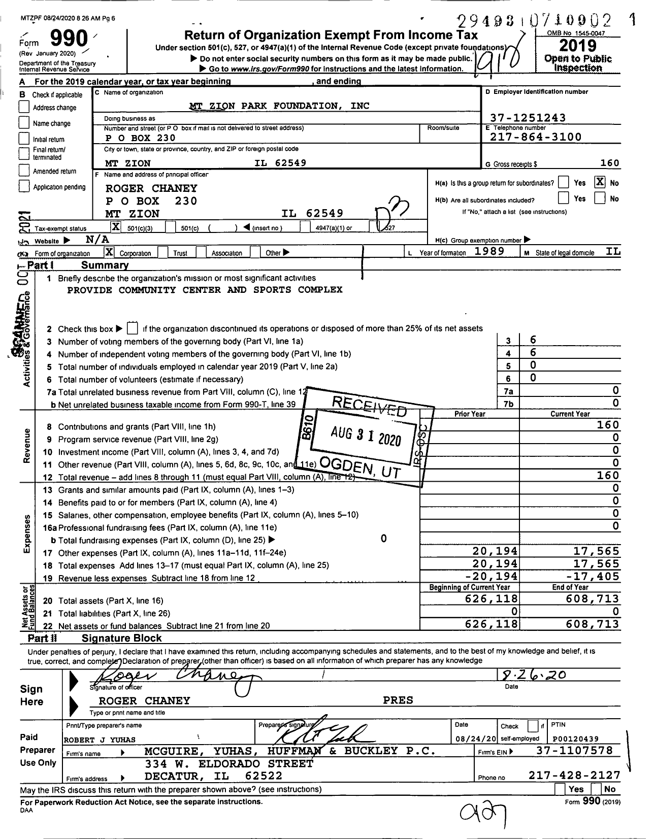 Image of first page of 2019 Form 990 for MT Zion Park Foundation