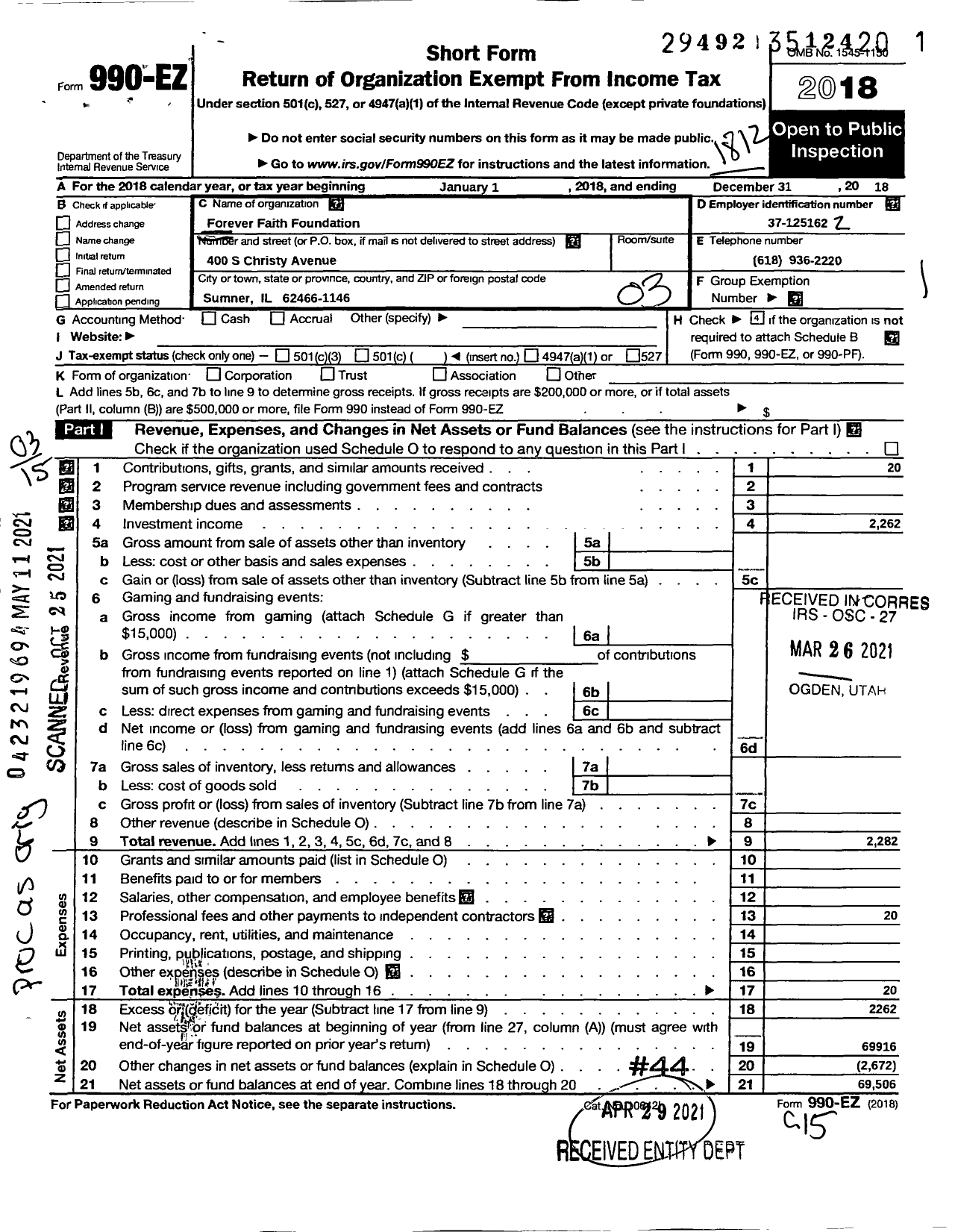 Image of first page of 2018 Form 990EZ for Forever Faith Foundation