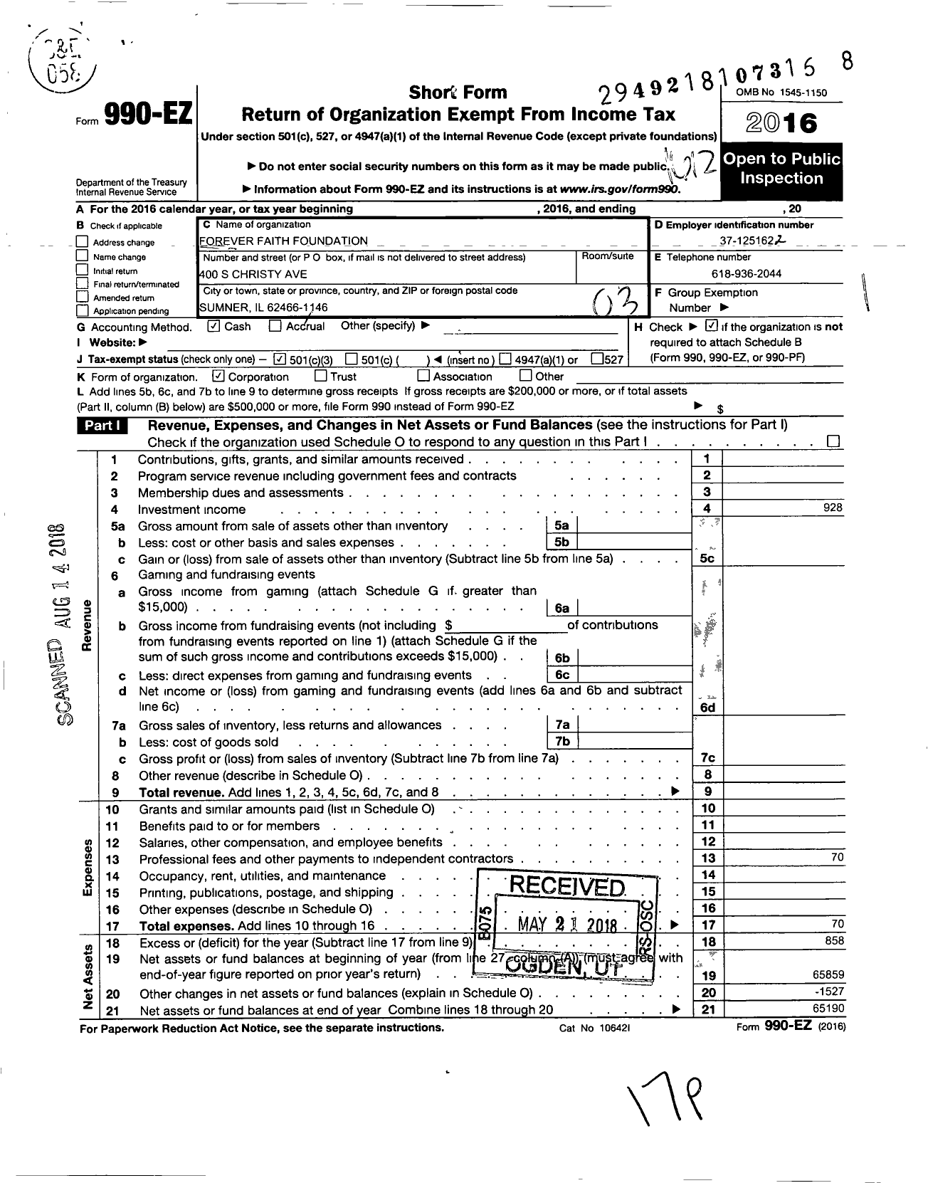 Image of first page of 2016 Form 990EZ for Forever Faith Foundation