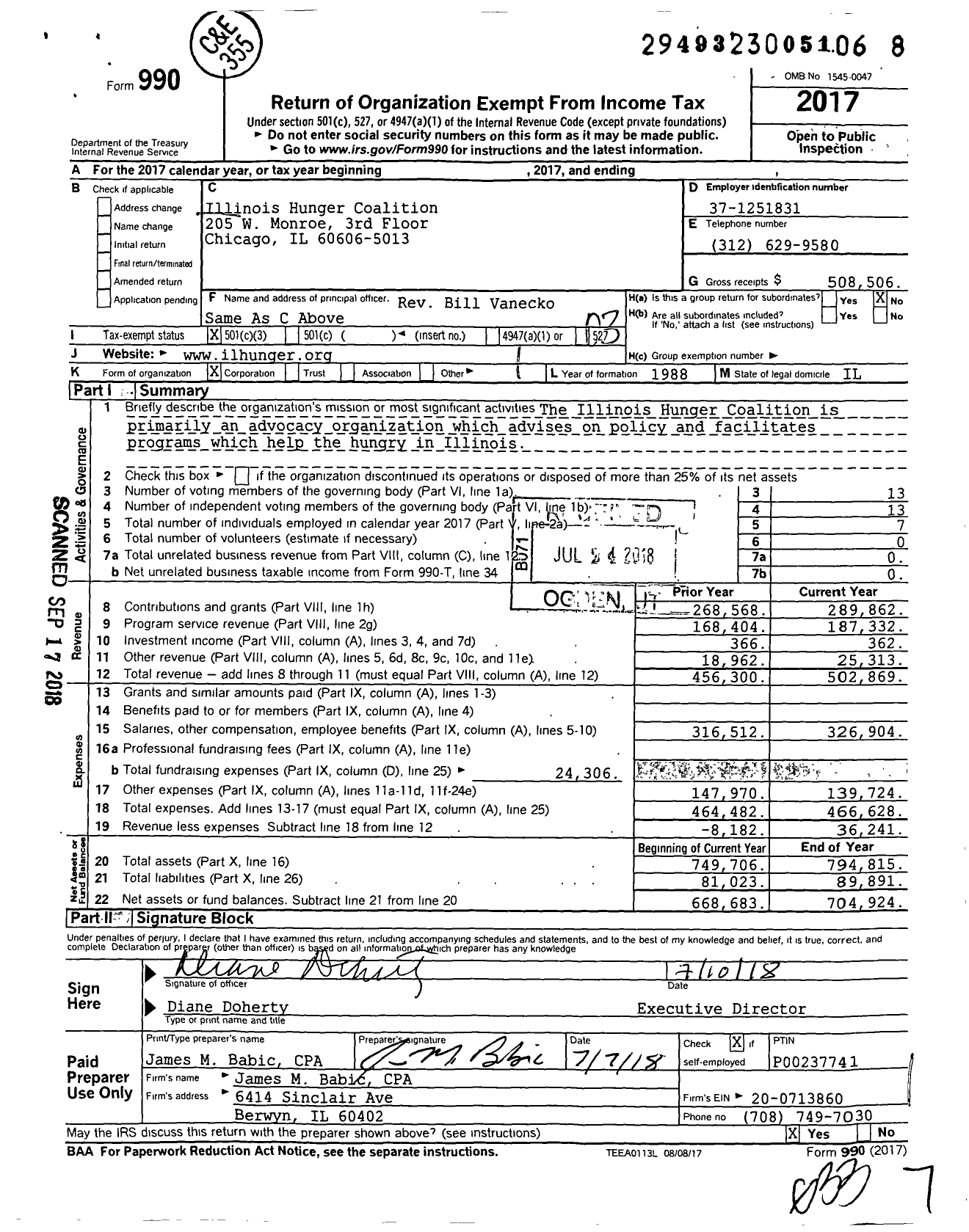 Image of first page of 2017 Form 990 for Illinois Hunger Coalition