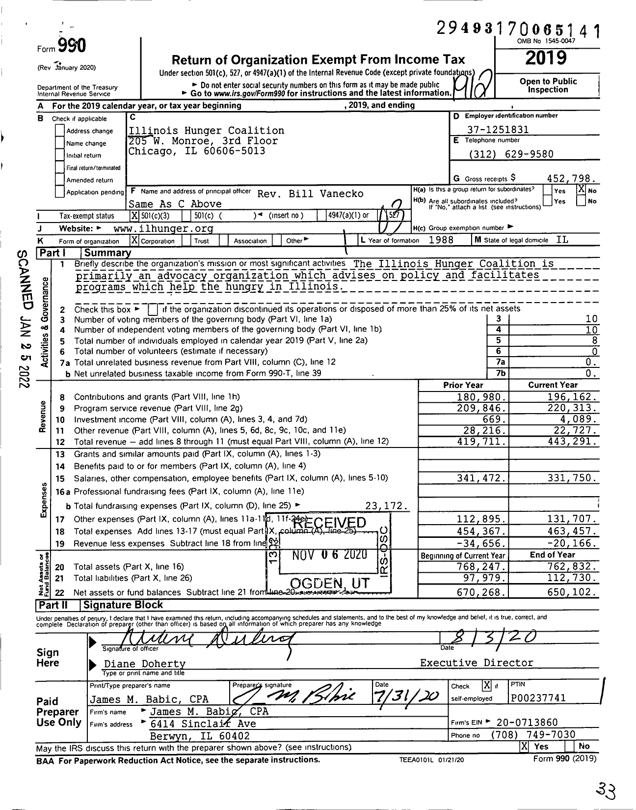 Image of first page of 2019 Form 990 for Illinois Hunger Coalition
