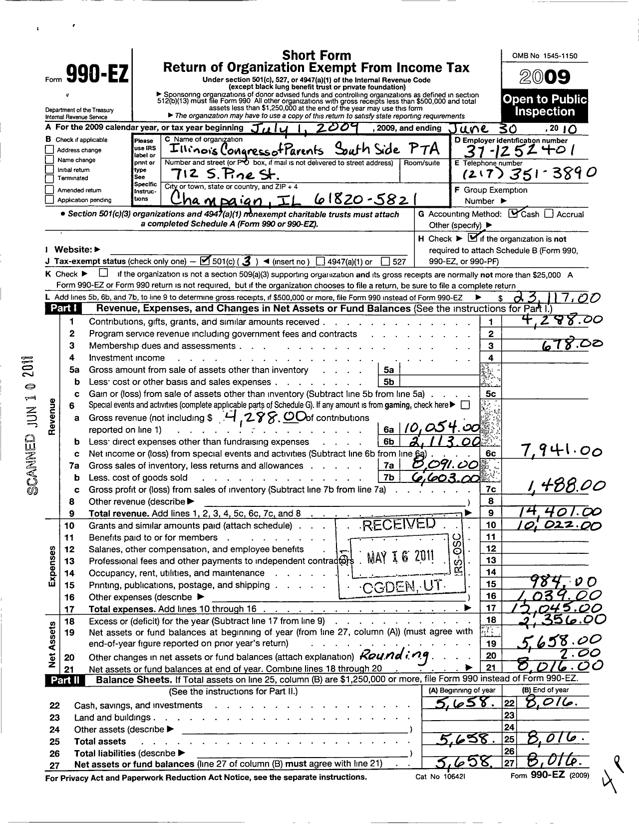 Image of first page of 2009 Form 990EZ for Illinois PTA - South Side PTA