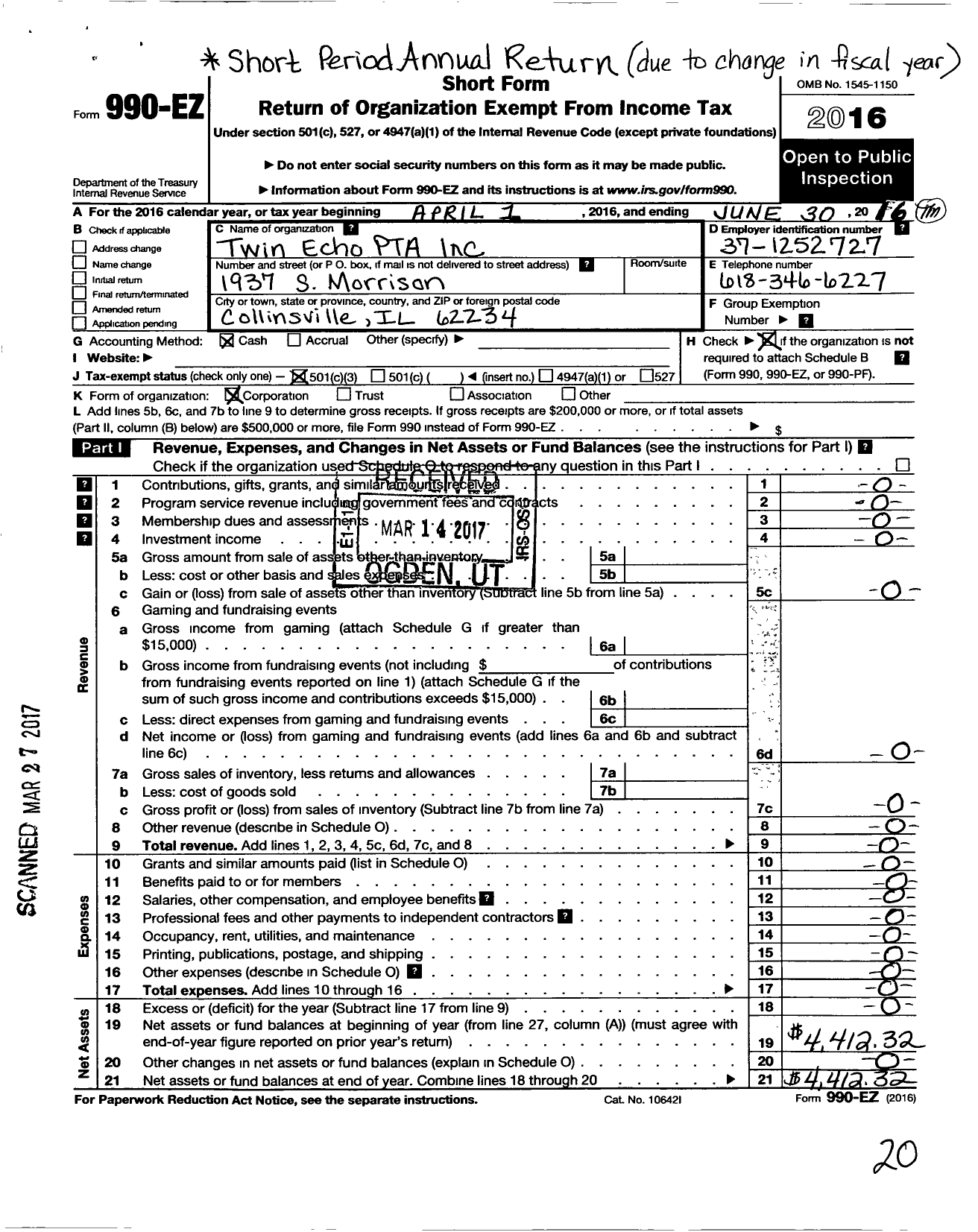 Image of first page of 2015 Form 990EZ for Illinois PTA - Twin Echo PTA