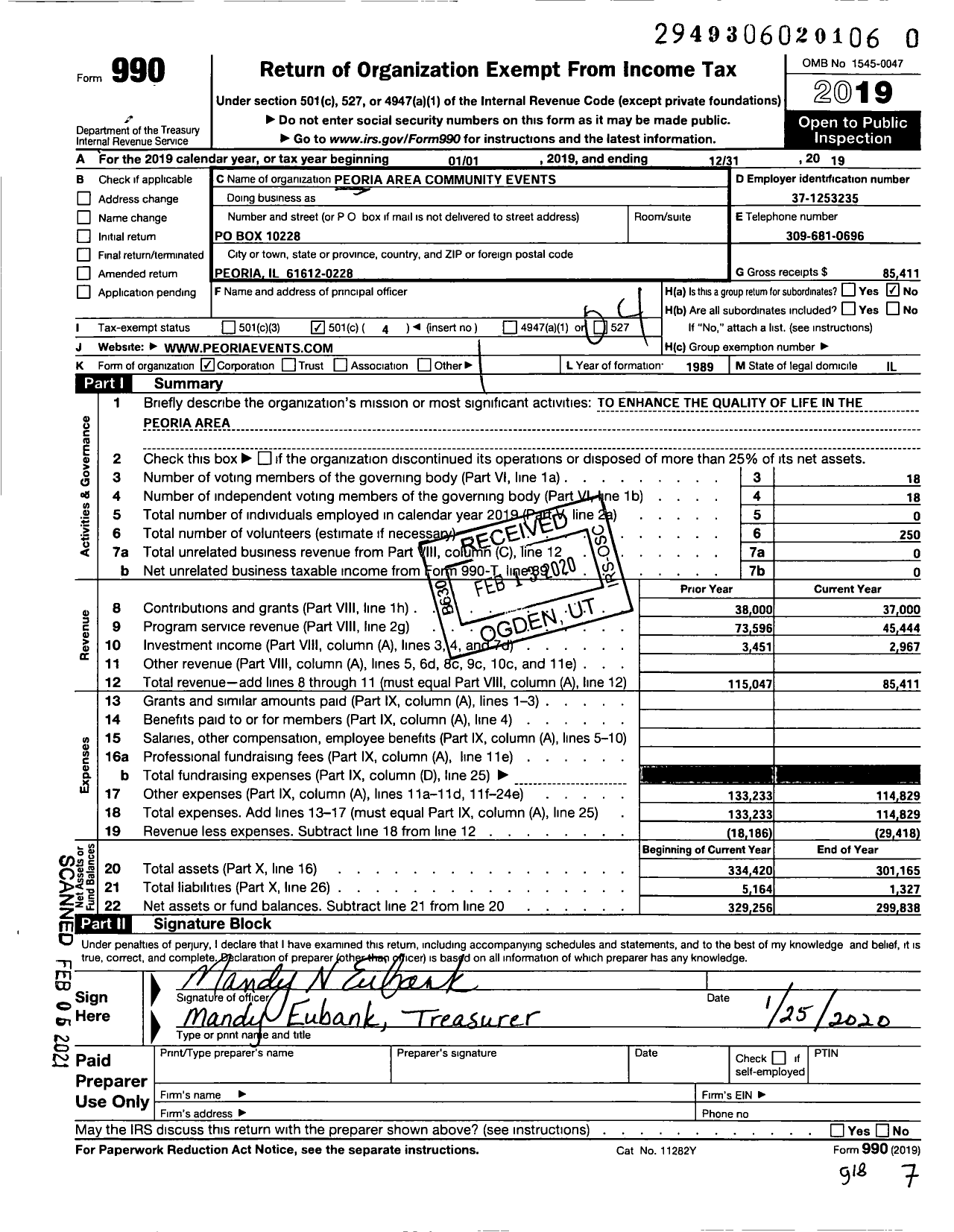 Image of first page of 2019 Form 990O for Peoria Area Community Events