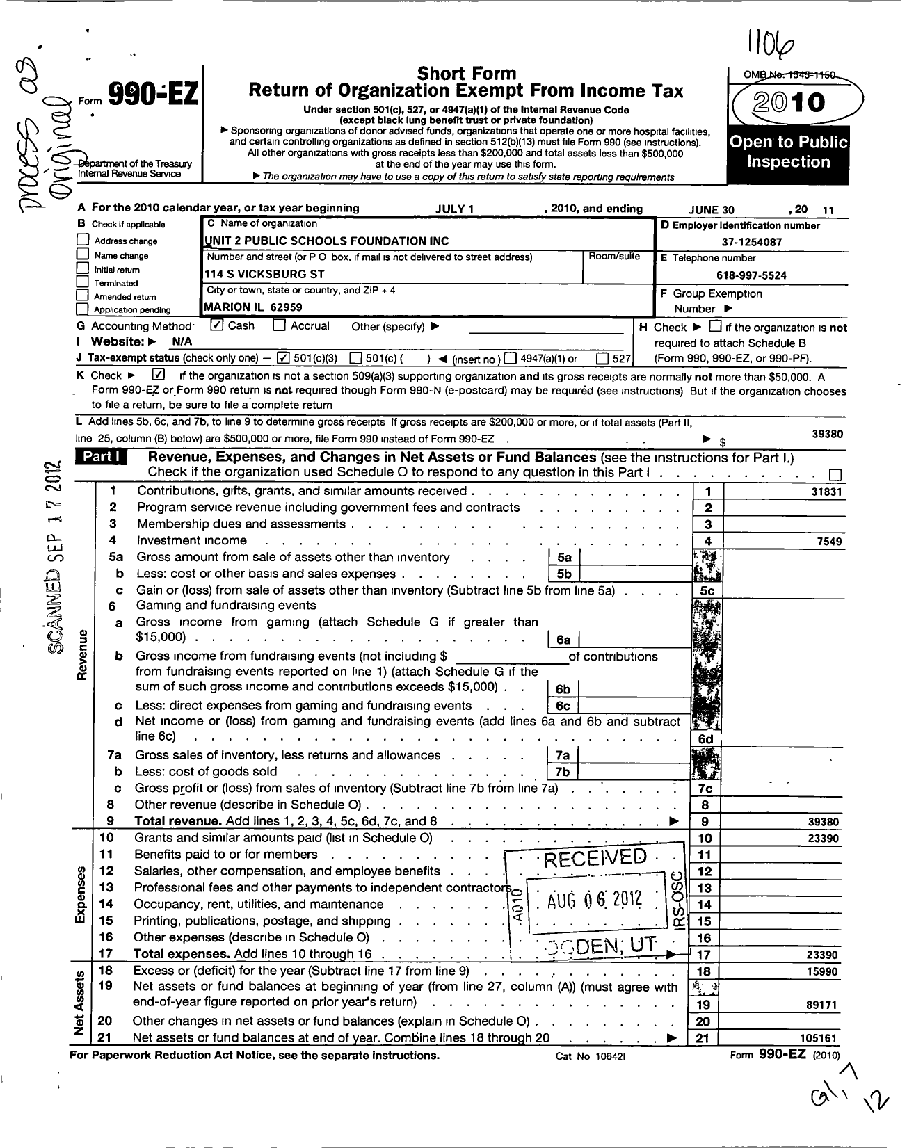 Image of first page of 2010 Form 990EZ for Unit 2 Public Schools Foundation