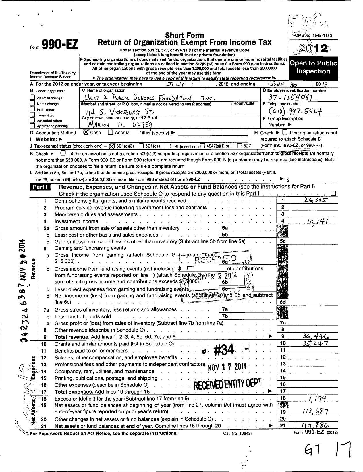 Image of first page of 2012 Form 990EZ for Unit 2 Public Schools Foundation