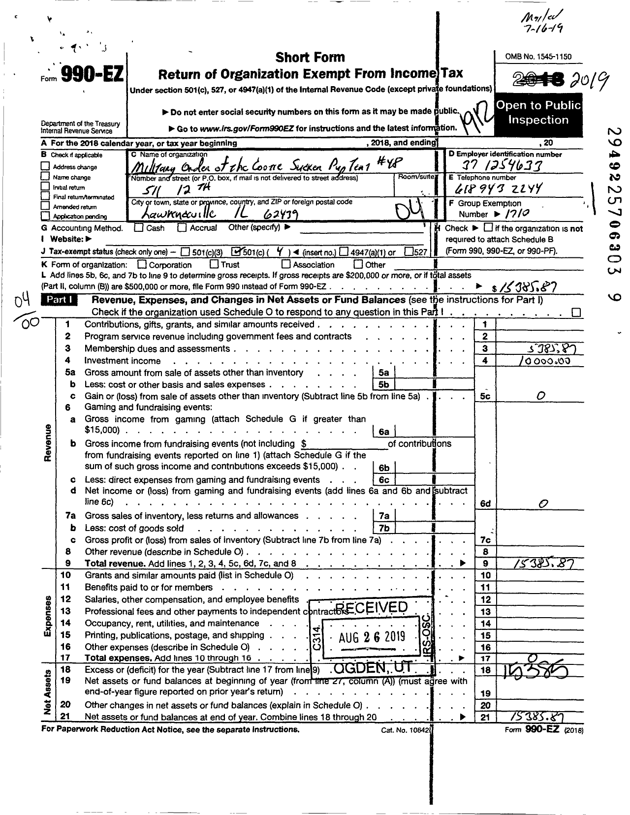 Image of first page of 2019 Form 990EO for Military Order of the Cootie of the U S - Sucker Pup Tent 48 Il