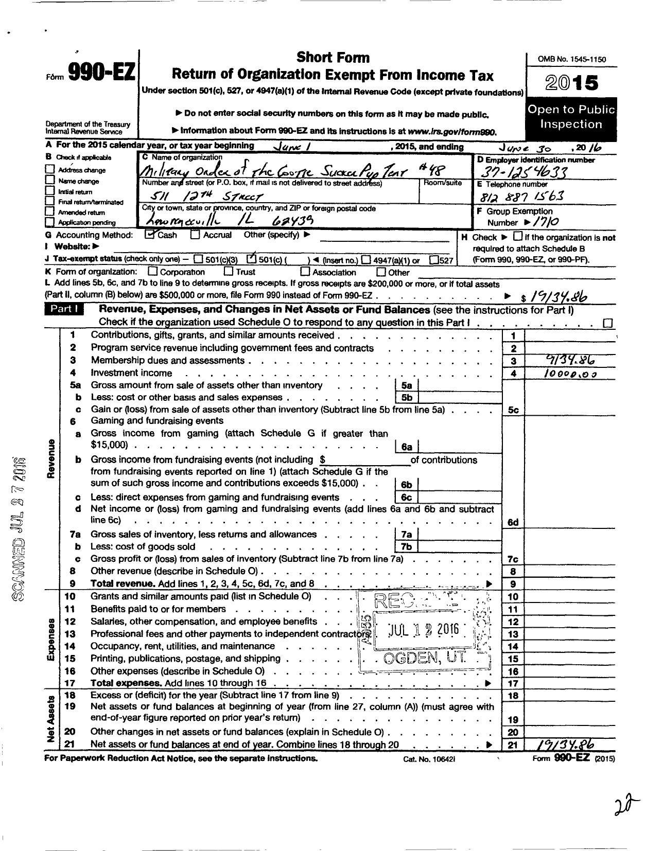 Image of first page of 2015 Form 990EO for Military Order of the Cootie of the U S - Sucker Pup Tent 48 Il