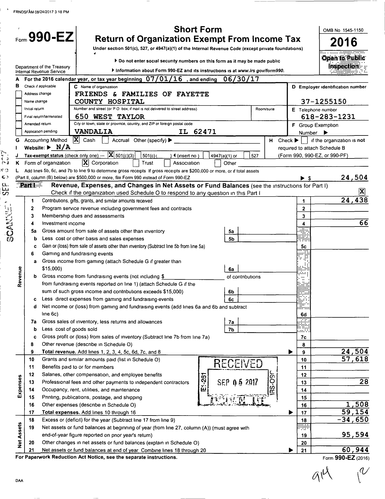 Image of first page of 2016 Form 990EZ for Friends and Families of Fayette County Hospital