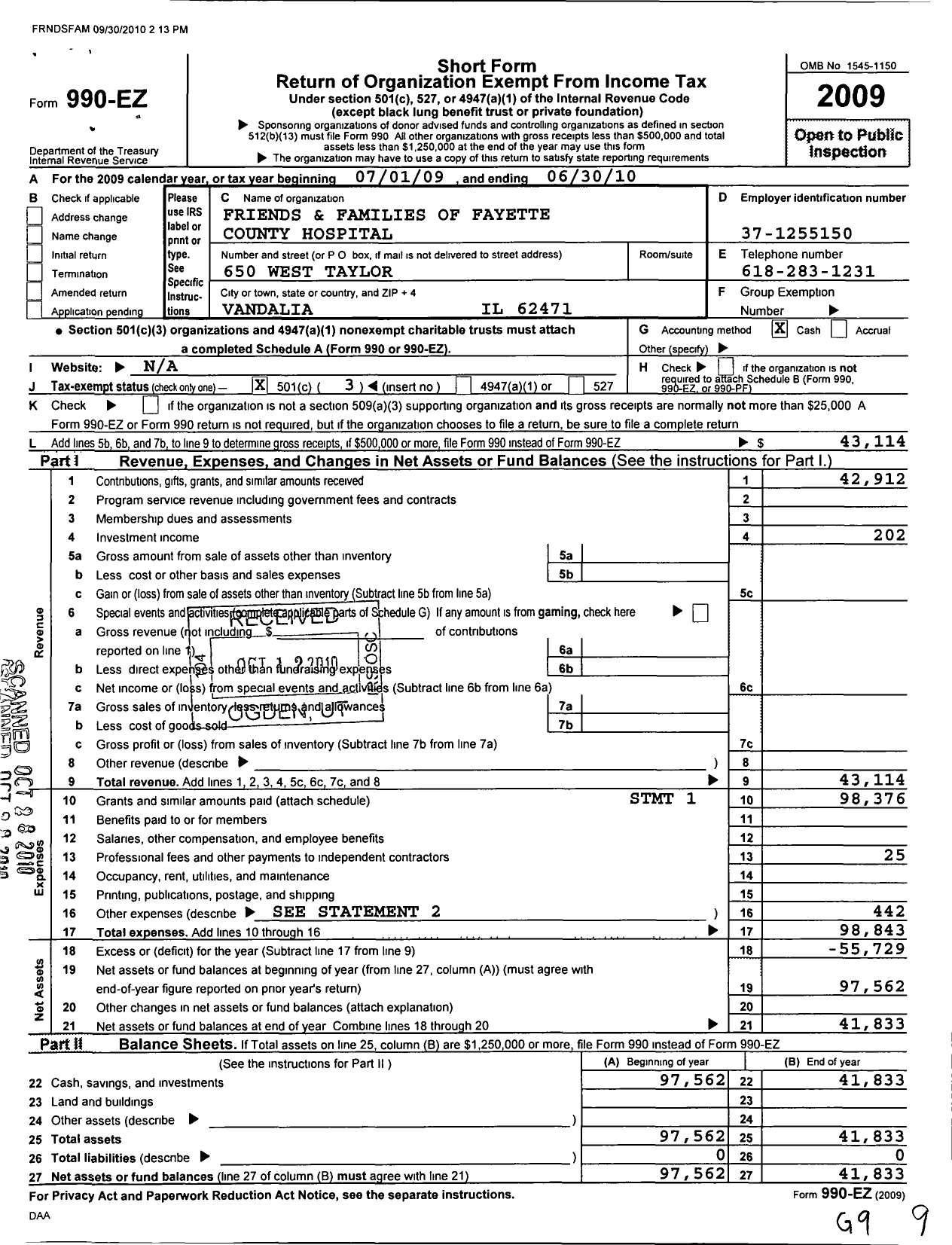 Image of first page of 2009 Form 990EZ for Friends and Families of Fayette County Hospital