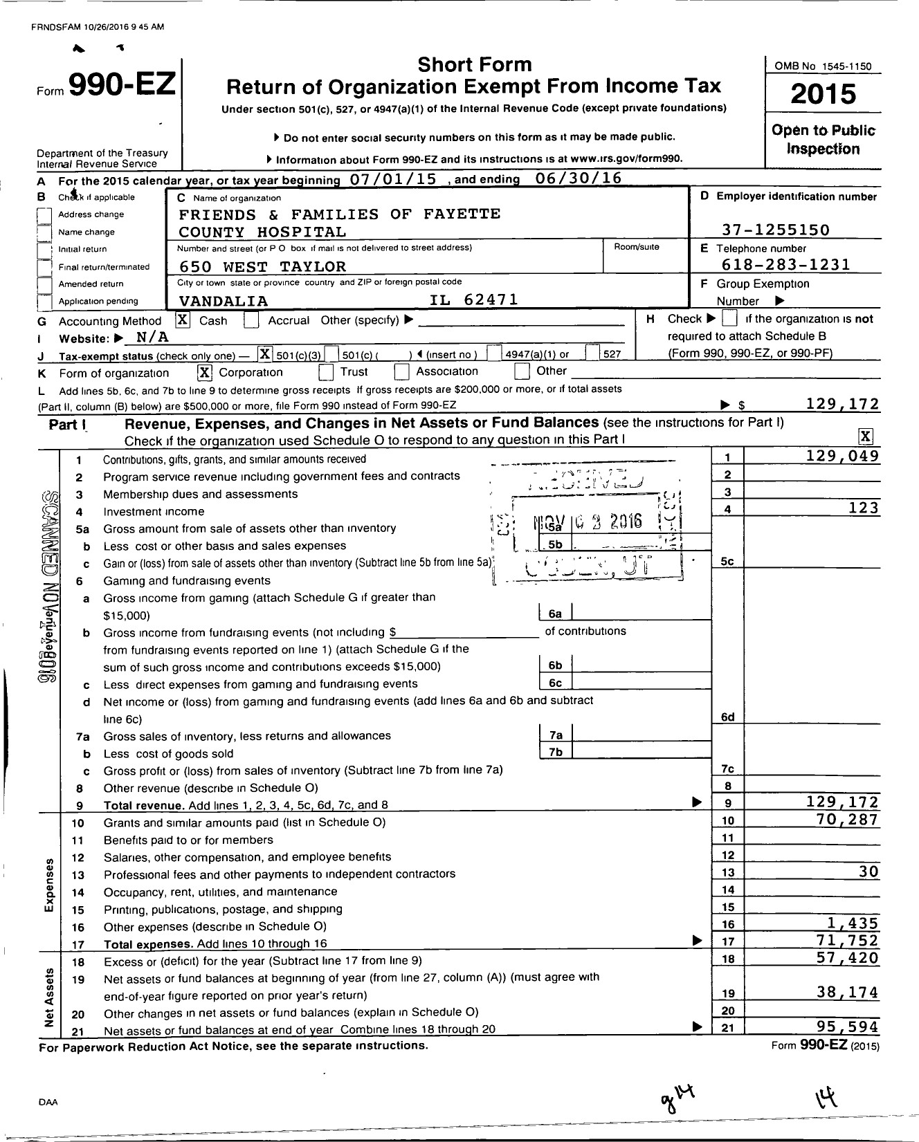 Image of first page of 2015 Form 990EZ for Friends and Families of Fayette County Hospital