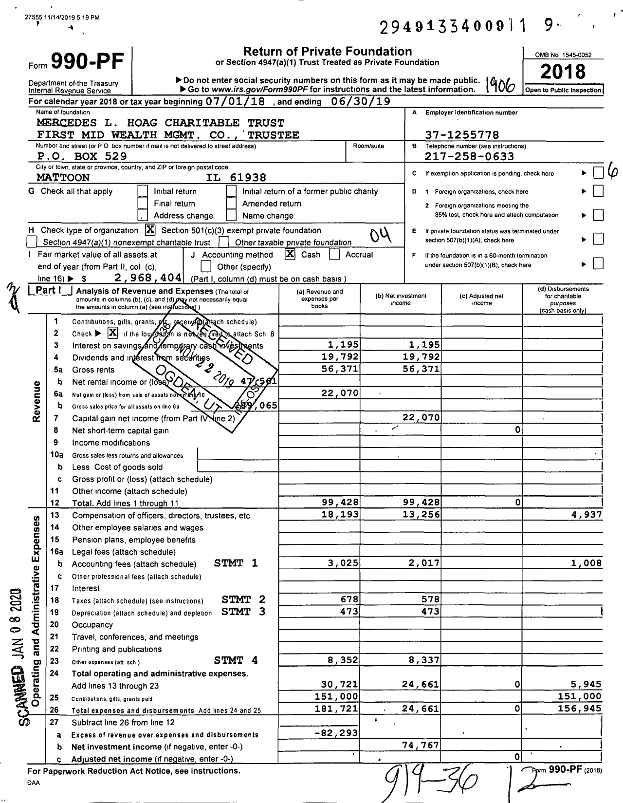 Image of first page of 2018 Form 990PF for Mercedes L Hoag Charitable Trust First Mid Wealth MGMT Trustee