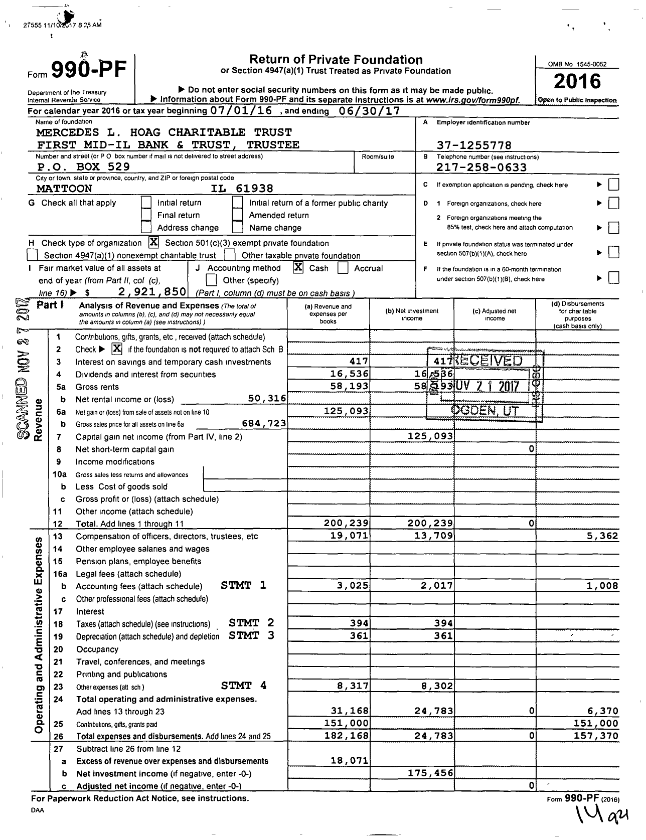 Image of first page of 2016 Form 990PF for Mercedes L Hoag Charitable Trust First Mid Wealth MGMT Trustee