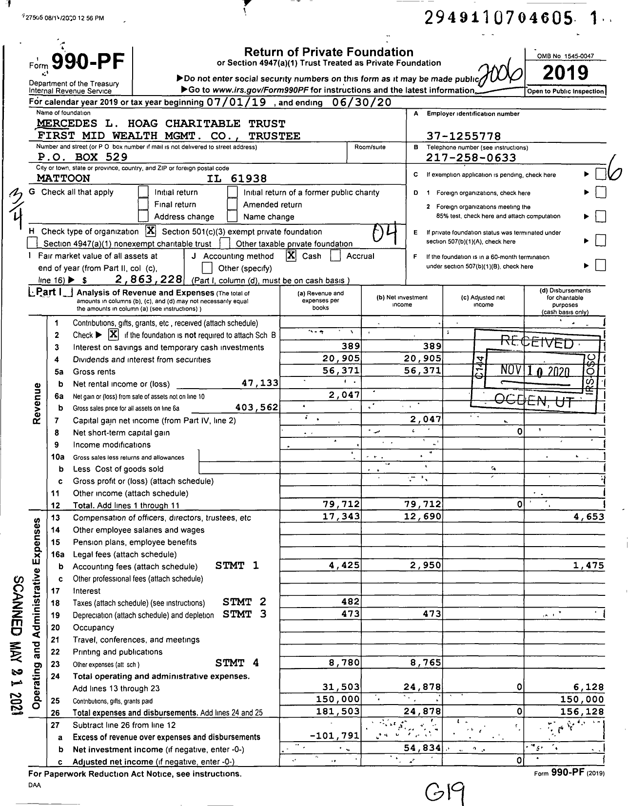 Image of first page of 2019 Form 990PF for Mercedes L Hoag Charitable Trust First Mid Wealth MGMT Trustee