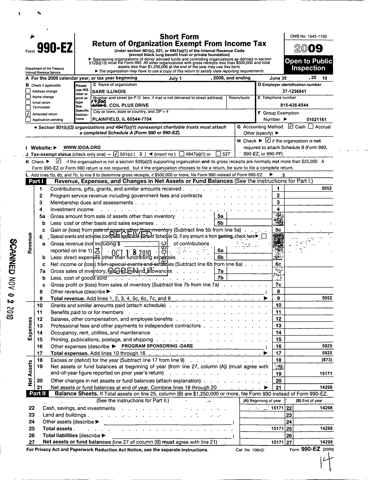 Image of first page of 2009 Form 990EZ for Illinois Dare Officers Association