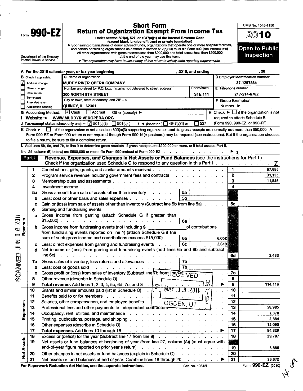 Image of first page of 2010 Form 990EZ for Muddy River Opera Company