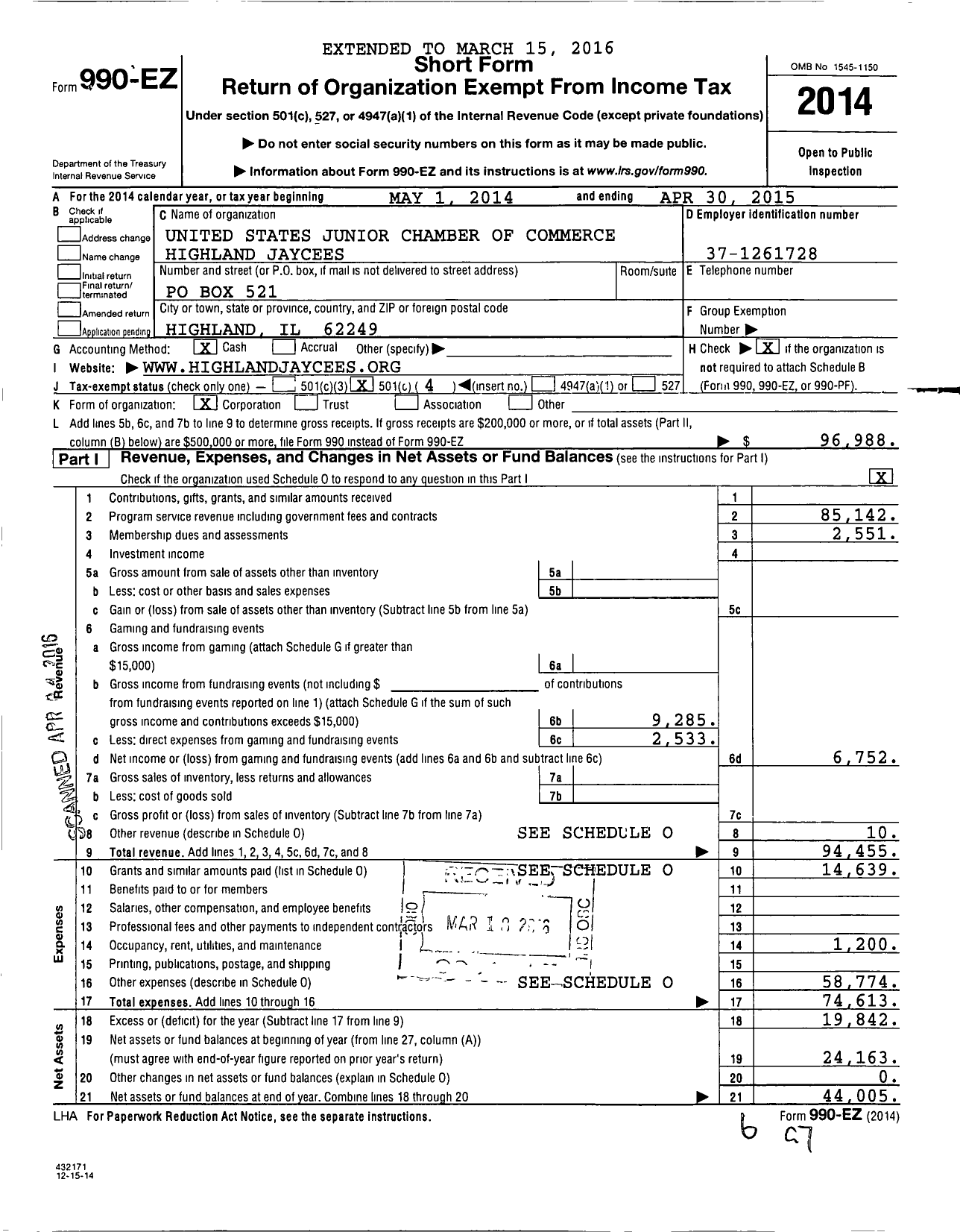 Image of first page of 2014 Form 990EO for United States Junior Chamber of Commerce Highland Jaycees