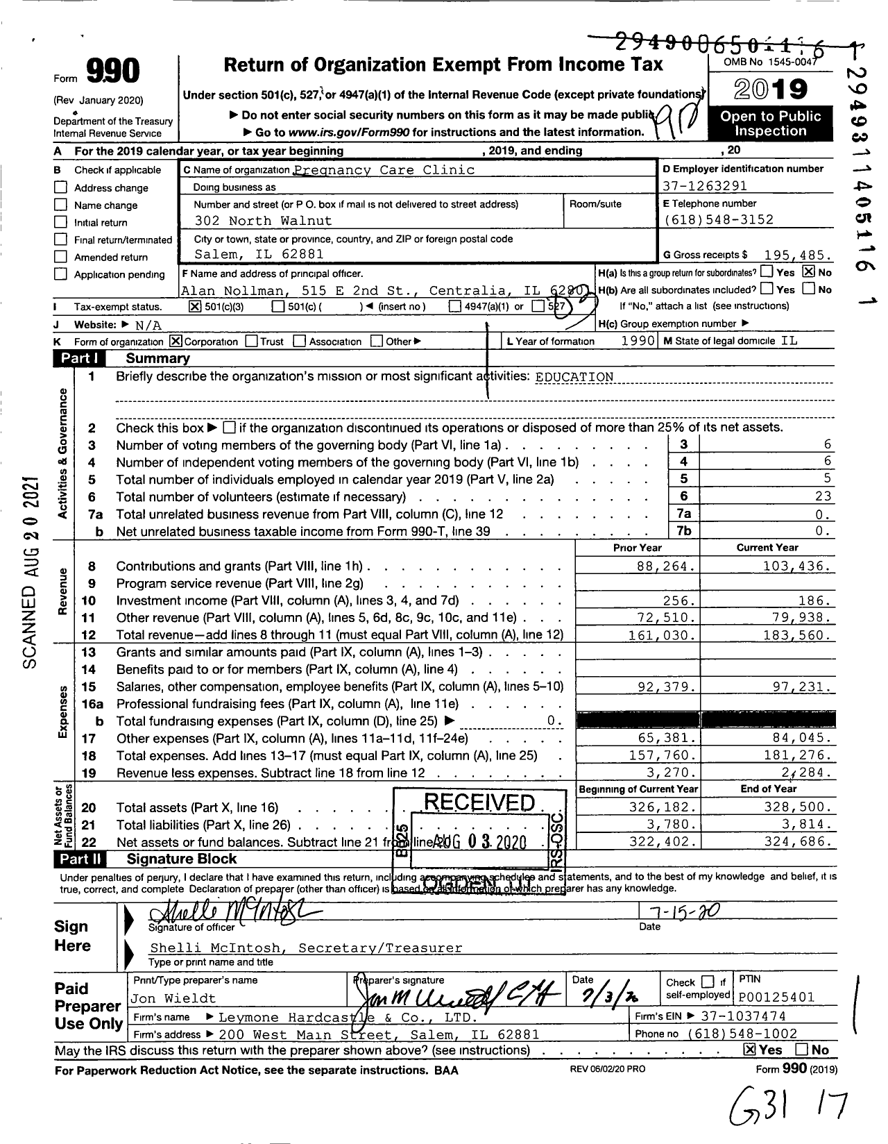 Image of first page of 2019 Form 990 for Pregnancy Care Clinic