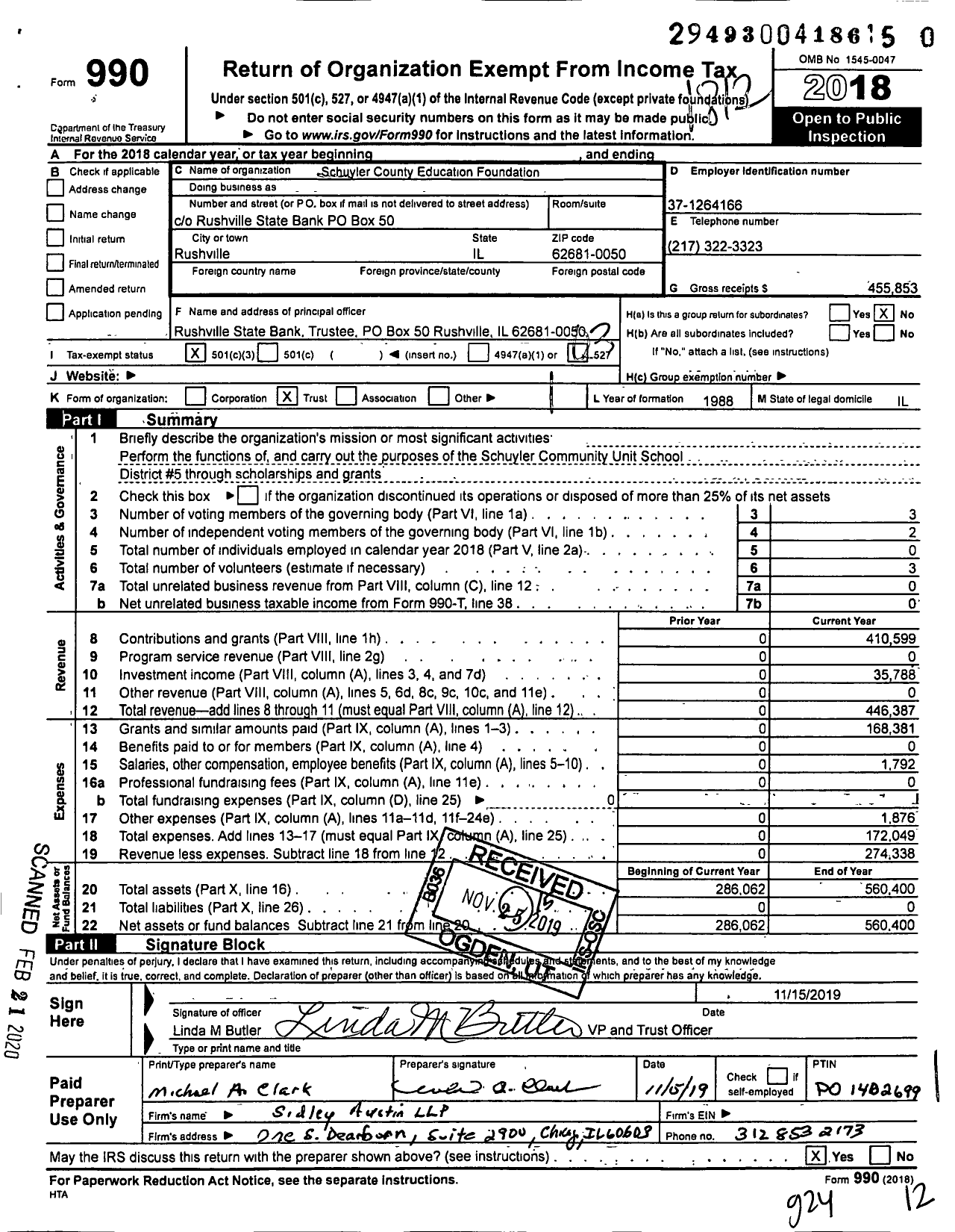 Image of first page of 2018 Form 990 for Schuyler County Education Foundation