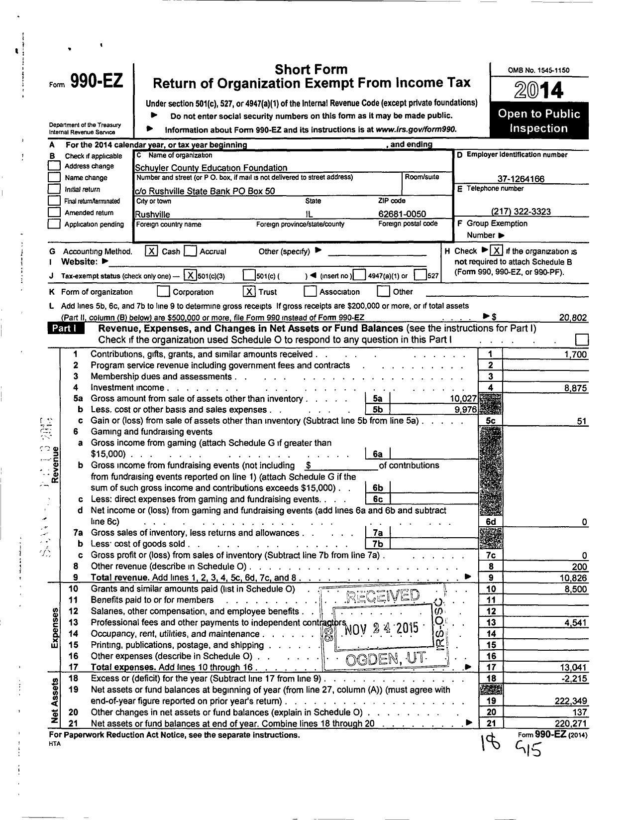 Image of first page of 2014 Form 990EZ for Schuyler County Education Foundation