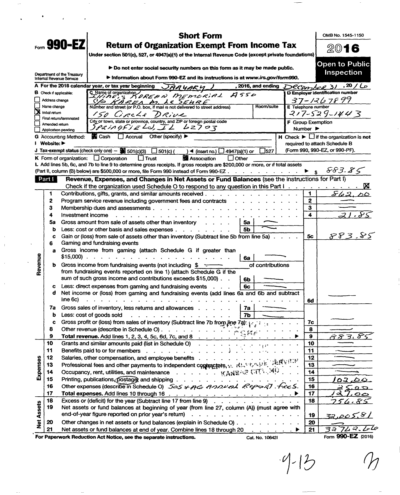 Image of first page of 2016 Form 990EZ for Illinois Korean Memorial Association