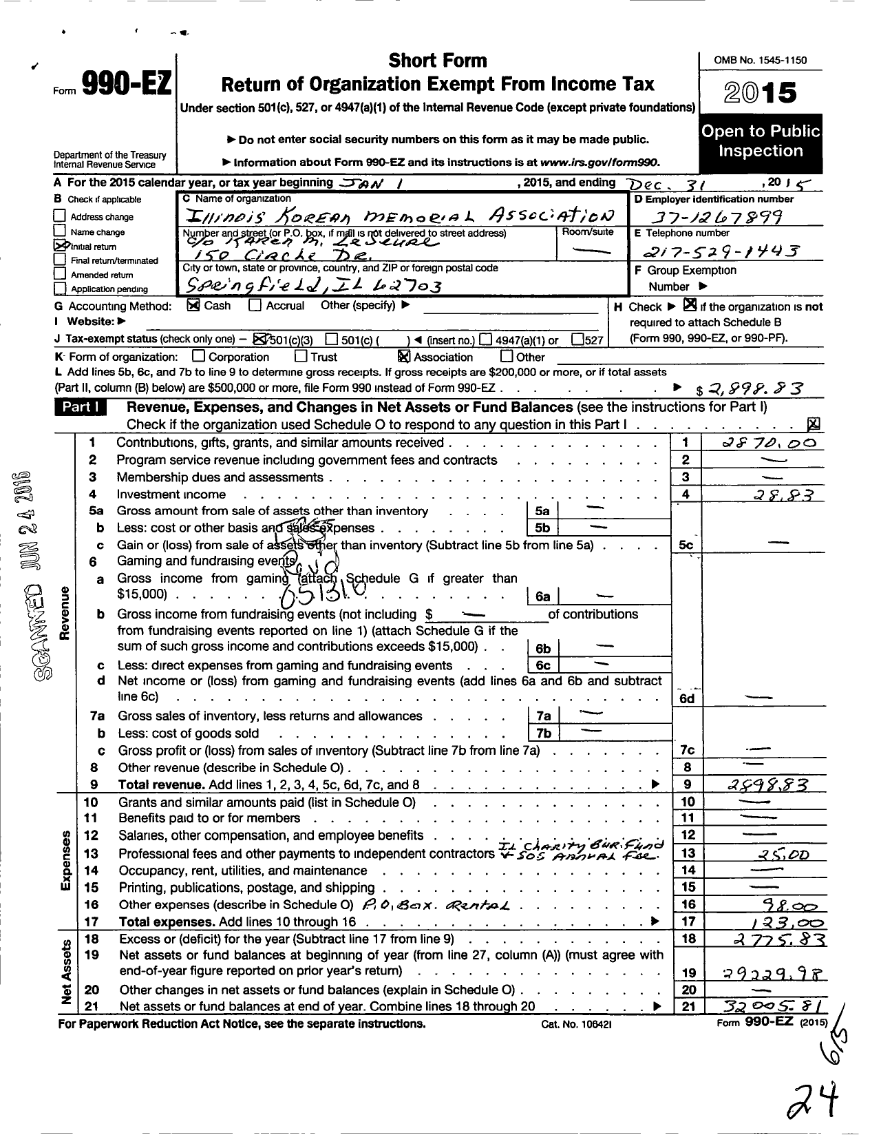 Image of first page of 2015 Form 990EZ for Illinois Korean Memorial Association