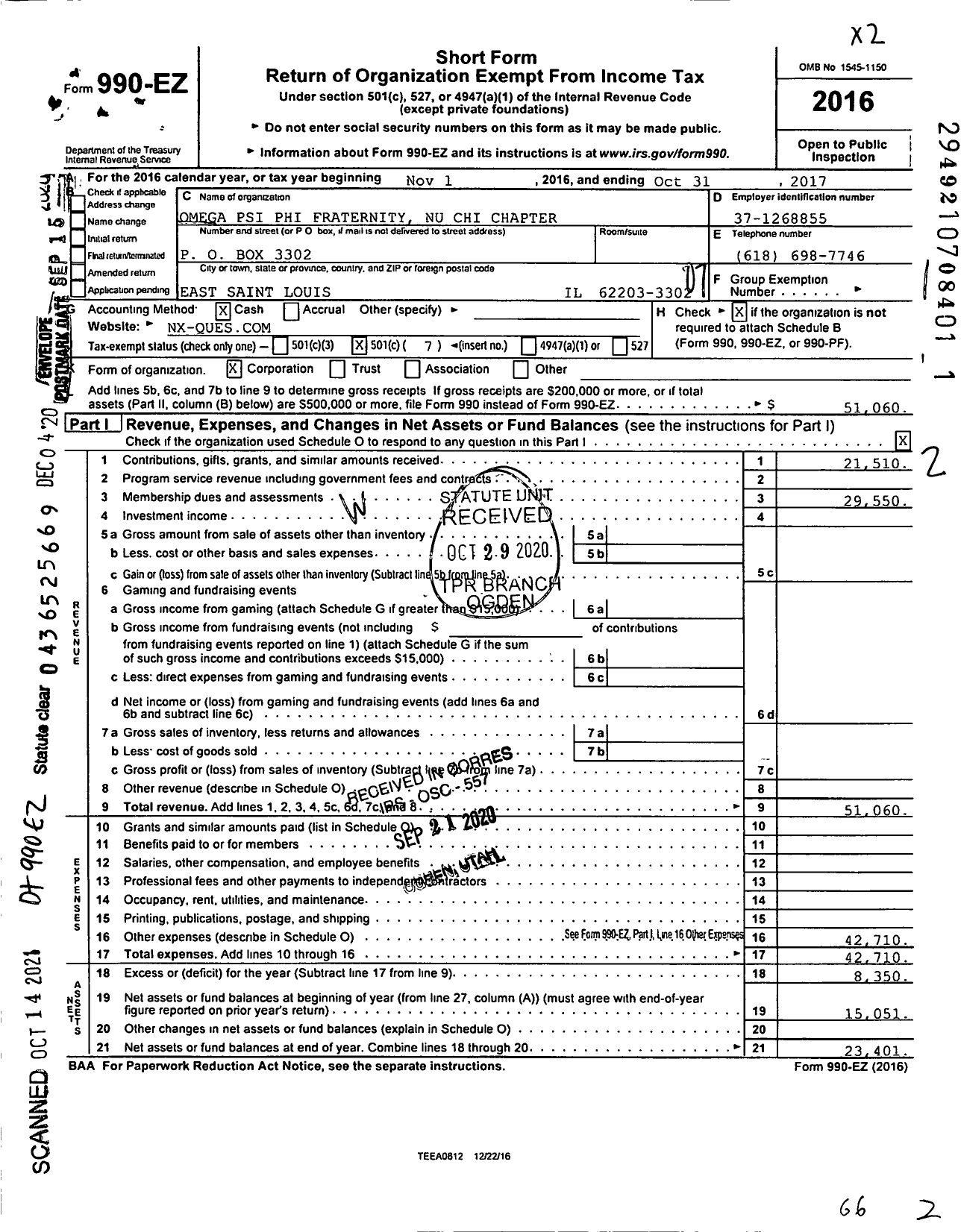 Image of first page of 2016 Form 990EO for Omega PSI PHI Fraternity Nu Chi Chapter