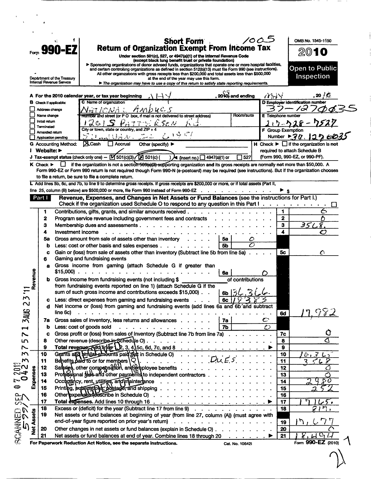 Image of first page of 2009 Form 990EZ for National Ambucs / Sullivan Chapter