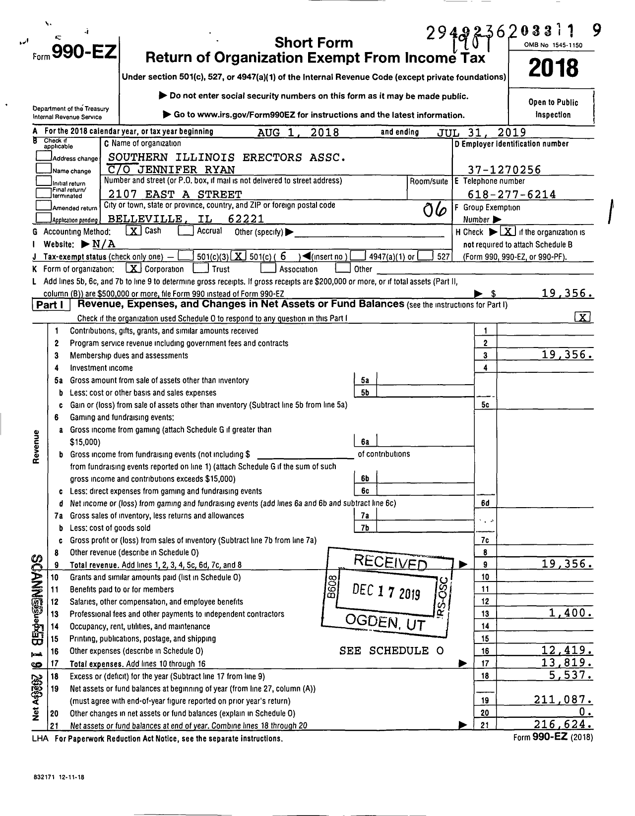 Image of first page of 2018 Form 990EO for Southern Illinois Erectors Association