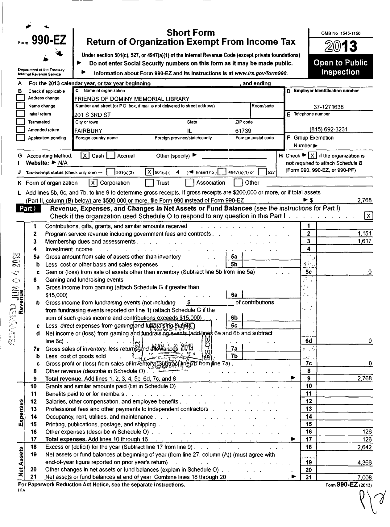 Image of first page of 2013 Form 990EO for Friends of Dominy Memorial Library