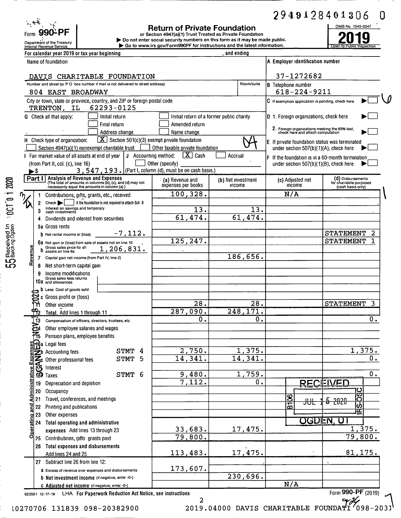 Image of first page of 2019 Form 990PF for Davis Charitable Foundation