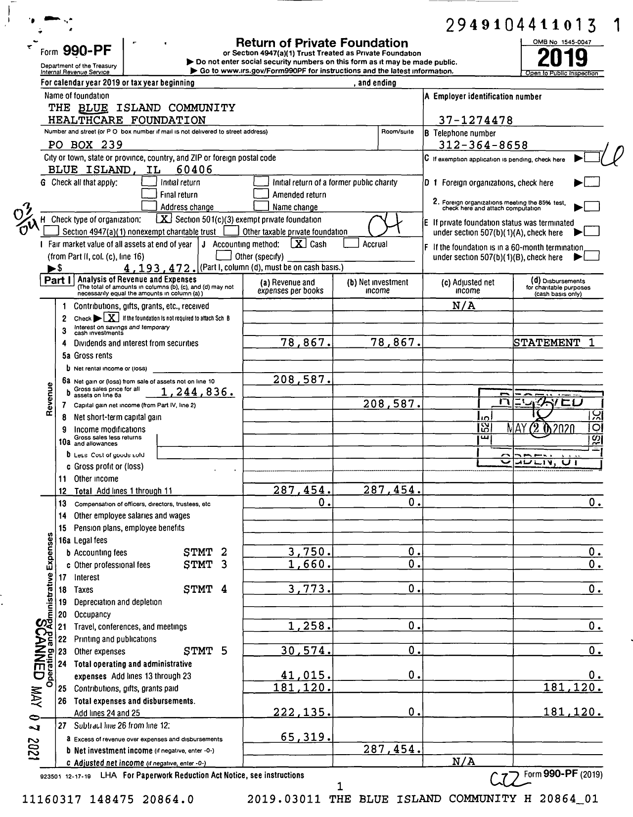 Image of first page of 2019 Form 990PF for The Blue Island Community Healthcare Foundation