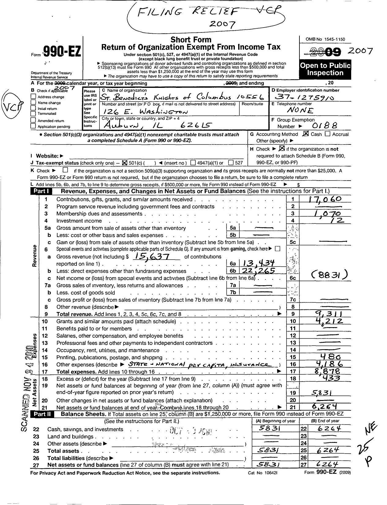 Image of first page of 2007 Form 990EO for Knights of Columbus - 10556 Saint Benedict Council